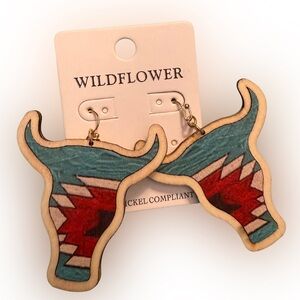 Wildflowers Red‎ and Blue Bull Head Earrings